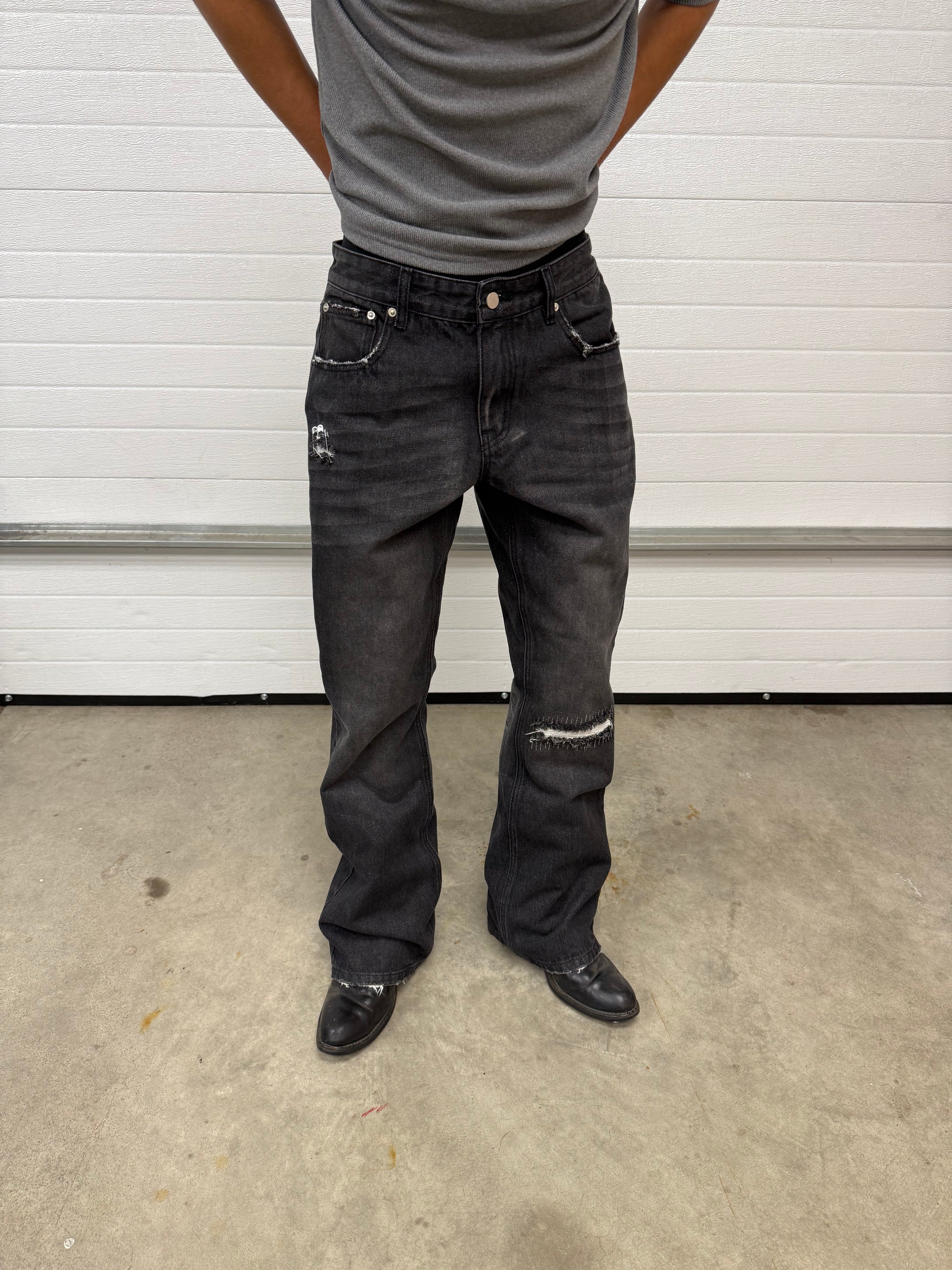 Repaired Japanese Bootcut Denim Black